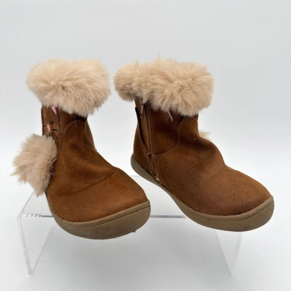 Celia Lil Kitty Kids Brown Faux Fur Cat Pom Pom Boots Size 9M